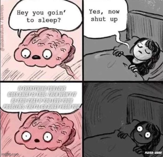 waking up brain | IF EVERYTHING YOU LOVE GOES AWAY IS TRUE, THEN WON’T IT BE TRUE THAT IF YOU LOVE YOUR PROBLEMS, THEY’LL GO AWAY FROM YOU. PLAYER- -BRINE | image tagged in memes,deep thoughts,so true memes,life,real life,brain before sleep | made w/ Imgflip meme maker