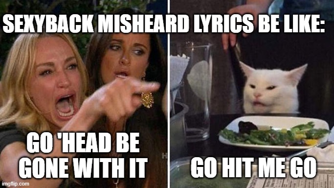 Sexyback misheard lyrics be like: | SEXYBACK MISHEARD LYRICS BE LIKE:; GO 'HEAD BE GONE WITH IT; GO HIT ME GO | image tagged in angry lady cat,lol so funny,woman yelling at cat,woman yelling at a cat,smudge the cat,funny memes | made w/ Imgflip meme maker