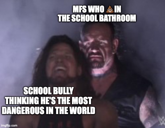 they're scarier | MFS WHO 💩IN THE SCHOOL BATHROOM; SCHOOL BULLY THINKING HE'S THE MOST DANGEROUS IN THE WORLD | image tagged in behind you,funny,memes,relatable memes,true story,they're scarier | made w/ Imgflip meme maker