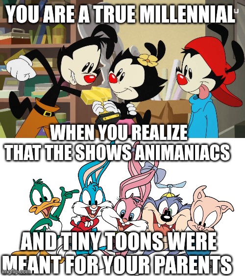 Millennial Realizations | YOU ARE A TRUE MILLENNIAL; WHEN YOU REALIZE THAT THE SHOWS ANIMANIACS; AND TINY TOONS WERE MEANT FOR YOUR PARENTS | image tagged in millennials,baby boomers,nostalgia,tv shows,when you realize | made w/ Imgflip meme maker