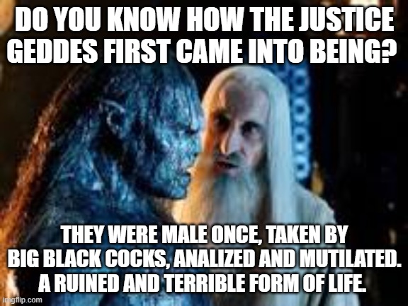 Orc and Saruman  | DO YOU KNOW HOW THE JUSTICE GEDDES FIRST CAME INTO BEING? THEY WERE MALE ONCE, TAKEN BY BIG BLACK COCKS, ANALIZED AND MUTILATED. A RUINED AND TERRIBLE FORM OF LIFE. | image tagged in orc and saruman | made w/ Imgflip meme maker