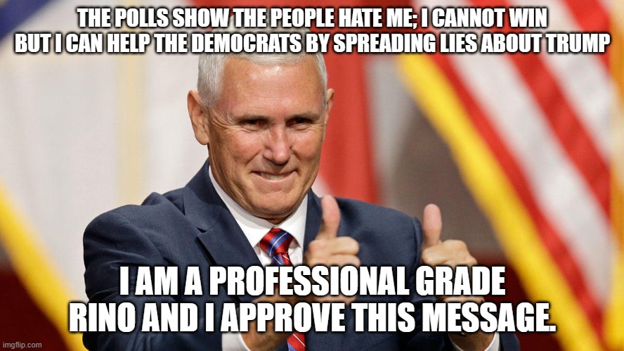 Sit down! You have done enough damage | THE POLLS SHOW THE PEOPLE HATE ME; I CANNOT WIN BUT I CAN HELP THE DEMOCRATS BY SPREADING LIES ABOUT TRUMP; I AM A PROFESSIONAL GRADE RINO AND I APPROVE THIS MESSAGE. | image tagged in mike pence for president,sit down,you have done enough damage,maga,rino,we know you | made w/ Imgflip meme maker