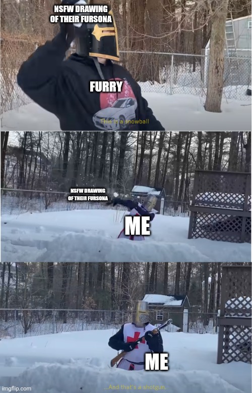 Chapter 2: The reason for the war | NSFW DRAWING OF THEIR FURSONA; FURRY; NSFW DRAWING OF THEIR FURSONA; ME; ME | image tagged in snowball and shotgun | made w/ Imgflip meme maker