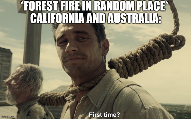 first time | *FOREST FIRE IN RANDOM PLACE* 
CALIFORNIA AND AUSTRALIA: | image tagged in first time,forest fire | made w/ Imgflip meme maker