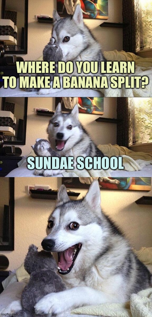 Bad Pun Dog | WHERE DO YOU LEARN TO MAKE A BANANA SPLIT? SUNDAE SCHOOL | image tagged in memes,bad pun dog | made w/ Imgflip meme maker