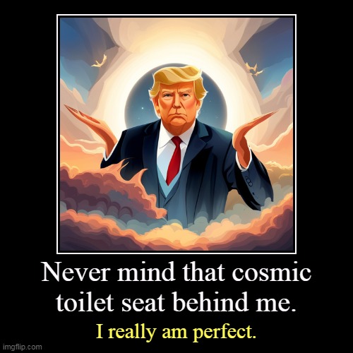 Never mind that cosmic toilet seat behind me. | I really am perfect. | image tagged in funny,demotivationals,trump,perfect,cosmic,toilet seat | made w/ Imgflip demotivational maker