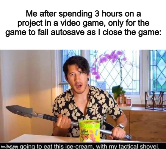 NOOO T-T | Me after spending 3 hours on a project in a video game, only for the game to fail autosave as I close the game: | image tagged in gaming | made w/ Imgflip meme maker