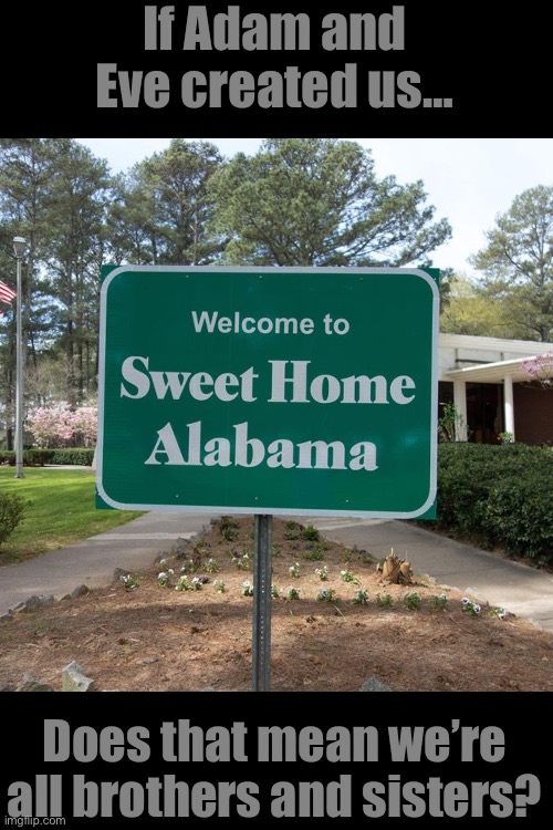 Welcome to sweet home Alabama | If Adam and Eve created us…; Does that mean we’re all brothers and sisters? | image tagged in welcome to sweet home alabama | made w/ Imgflip meme maker