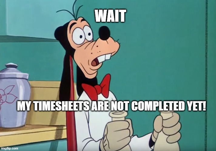 Timesheets | WAIT; MY TIMESHEETS ARE NOT COMPLETED YET! | image tagged in shocked goofy | made w/ Imgflip meme maker