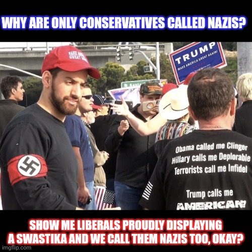 Is it fair only conservatives are called nazis? | WHY ARE ONLY CONSERVATIVES CALLED NAZIS? SHOW ME LIBERALS PROUDLY DISPLAYING A SWASTIKA AND WE CALL THEM NAZIS TOO, OKAY? | image tagged in nazis,conservatives,trump,hitler,deplorables | made w/ Imgflip meme maker