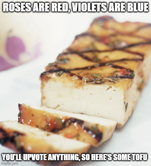 Tofu | ROSES ARE RED, VIOLETS ARE BLUE; YOU'LL UPVOTE ANYTHING, SO HERE'S SOME TOFU | image tagged in tofu,poetry | made w/ Imgflip meme maker
