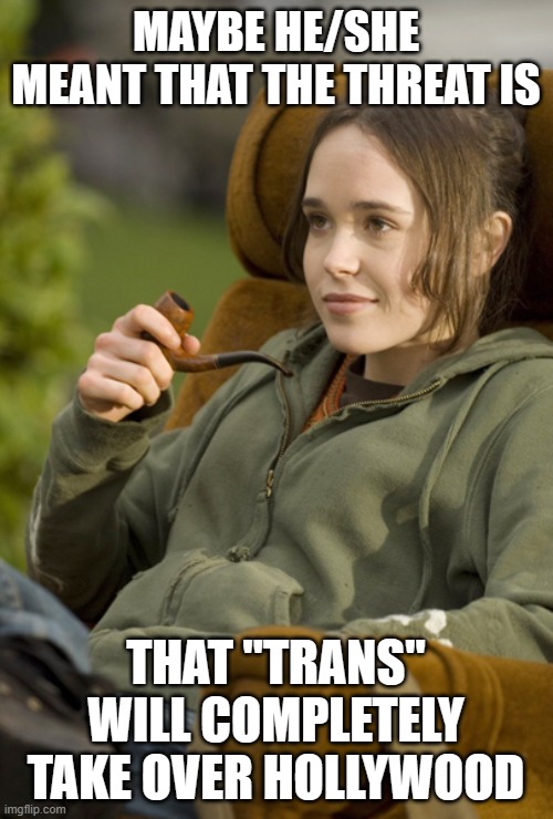 Ellen Page armchair | MAYBE HE/SHE MEANT THAT THE THREAT IS THAT "TRANS" WILL COMPLETELY TAKE OVER HOLLYWOOD | image tagged in ellen page armchair | made w/ Imgflip meme maker