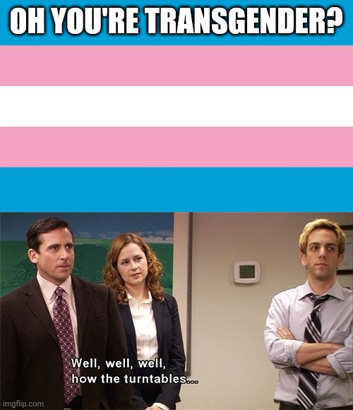 Funny pride slogans pt 6 I think | OH YOU'RE TRANSGENDER? | image tagged in transgender flag,how the turntables | made w/ Imgflip meme maker