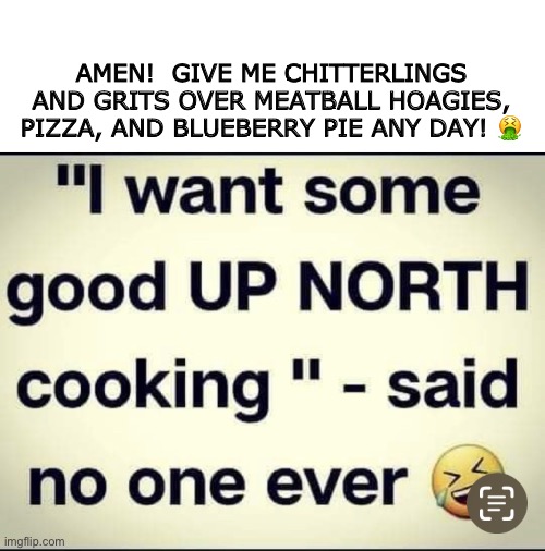 Down home cooking | AMEN!  GIVE ME CHITTERLINGS AND GRITS OVER MEATBALL HOAGIES, PIZZA, AND BLUEBERRY PIE ANY DAY! 🤮 | image tagged in north,cooking | made w/ Imgflip meme maker