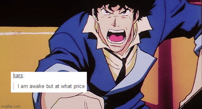 I found this off Tumblr. This is noot mine | image tagged in i am awake but at what price,cowboy bebop,spike | made w/ Imgflip meme maker