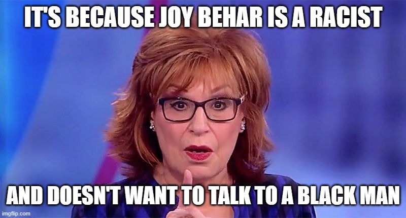 Joy Behar  | IT'S BECAUSE JOY BEHAR IS A RACIST AND DOESN'T WANT TO TALK TO A BLACK MAN | image tagged in joy behar | made w/ Imgflip meme maker