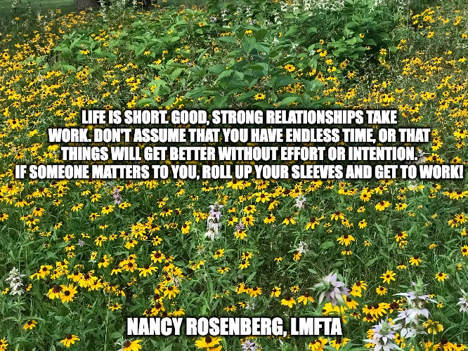 Life is short | LIFE IS SHORT. GOOD, STRONG RELATIONSHIPS TAKE WORK. DON'T ASSUME THAT YOU HAVE ENDLESS TIME, OR THAT THINGS WILL GET BETTER WITHOUT EFFORT OR INTENTION. IF SOMEONE MATTERS TO YOU, ROLL UP YOUR SLEEVES AND GET TO WORK! NANCY ROSENBERG, LMFTA | image tagged in relationships | made w/ Imgflip meme maker