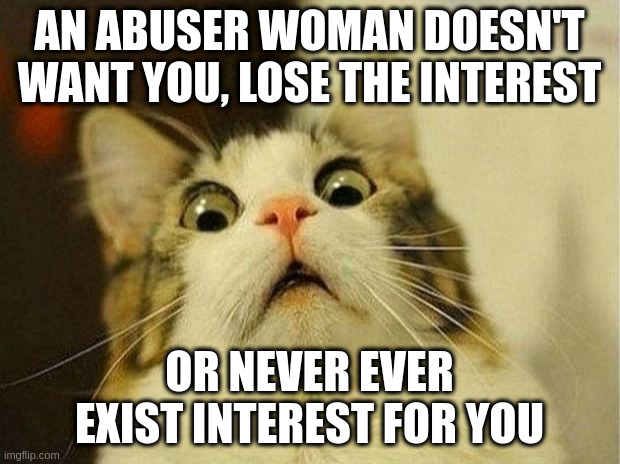 abuser | AN ABUSER WOMAN DOESN'T WANT YOU, LOSE THE INTEREST; OR NEVER EVER EXIST INTEREST FOR YOU | image tagged in memes,scared cat | made w/ Imgflip meme maker