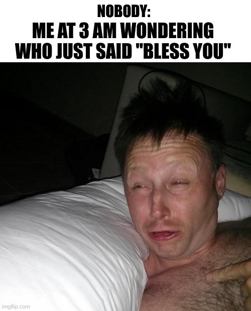 Im sure its fine | NOBODY:; ME AT 3 AM WONDERING WHO JUST SAID "BLESS YOU" | image tagged in limmy waking up,funny | made w/ Imgflip meme maker