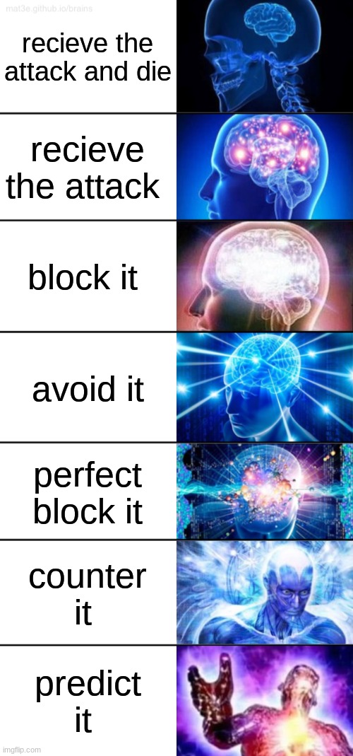 when you recieve an attack | recieve the attack and die; recieve the attack; block it; avoid it; perfect block it; counter it; predict it | image tagged in 7-tier expanding brain,attack,die | made w/ Imgflip meme maker