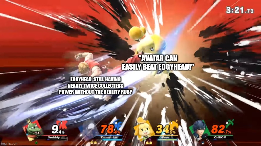 Isabelle Destroyed | "AVATAR CAN EASILY BEAT EDGYHEAD!"; EDGYHEAD, STILL HAVING NEARLY TWICE COLLECTERS POWER WITHOUT THE REALITY RUBY | image tagged in isabelle destroyed | made w/ Imgflip meme maker