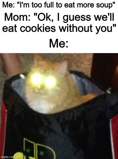 Don't eat dessert without me ;~; | Me: "I'm too full to eat more soup"; Mom: "Ok, I guess we'll eat cookies without you"; Me: | image tagged in laser cat | made w/ Imgflip meme maker