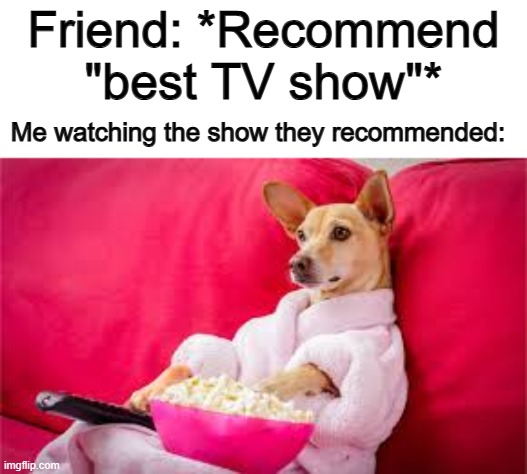 Seems overrated :I | Friend: *Recommend "best TV show"*; Me watching the show they recommended: | image tagged in dog eating popcorn | made w/ Imgflip meme maker