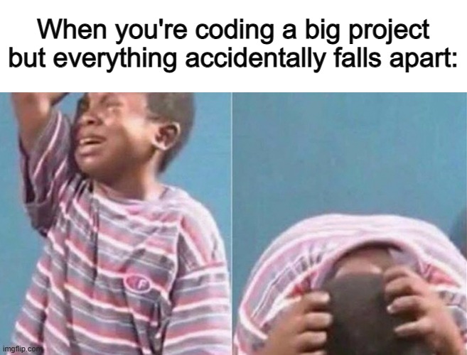 Aw, man T-T | When you're coding a big project but everything accidentally falls apart: | image tagged in crying black kid | made w/ Imgflip meme maker