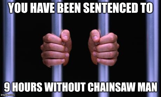 @Doggo_ | YOU HAVE BEEN SENTENCED TO; 9 HOURS WITHOUT CHAINSAW MAN | image tagged in prison bars | made w/ Imgflip meme maker