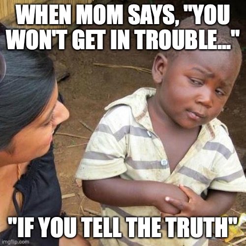 Smart Kid, honestly | WHEN MOM SAYS, "YOU WON'T GET IN TROUBLE..."; "IF YOU TELL THE TRUTH" | image tagged in memes,third world skeptical kid,relatable,funny | made w/ Imgflip meme maker