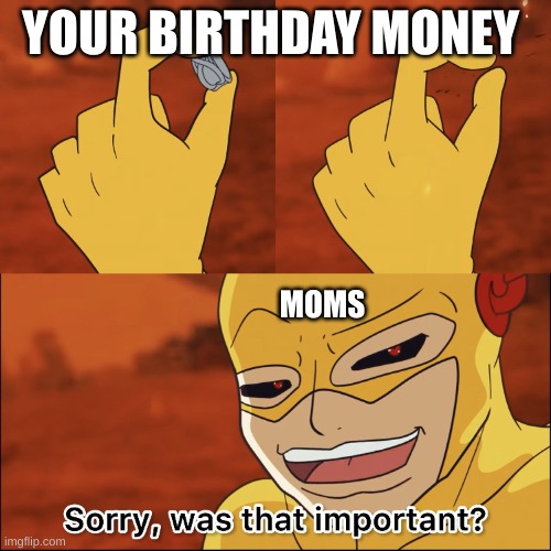 Moms | YOUR BIRTHDAY MONEY; MOMS | image tagged in reverse flash destroys time ring | made w/ Imgflip meme maker