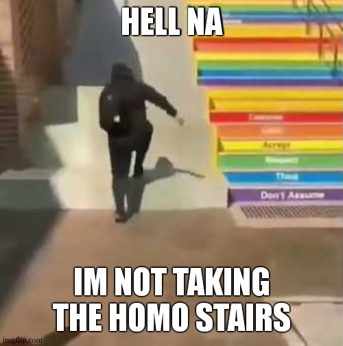 lvl 100 Homophobes : | HELL NA; IM NOT TAKING THE HOMO STAIRS | image tagged in no homo,lgbtq,stairs,homophobe | made w/ Imgflip meme maker