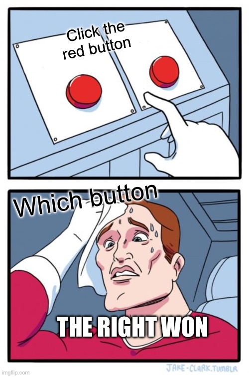 Two Buttons | Click the red button; Which button; THE RIGHT WON | image tagged in memes,two buttons | made w/ Imgflip meme maker