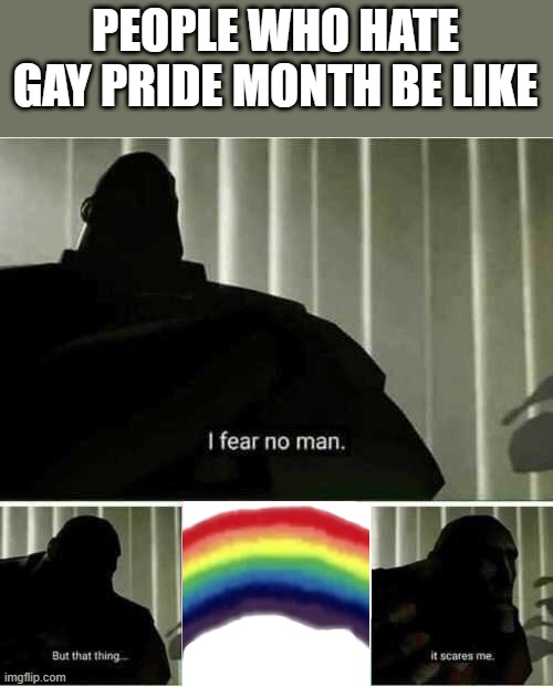 Yup | PEOPLE WHO HATE GAY PRIDE MONTH BE LIKE | image tagged in i fear no man,lgbtq,pride,gay pride,tf2,heavy | made w/ Imgflip meme maker