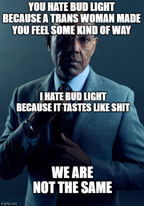 Gus Fring we are not the same | YOU HATE BUD LIGHT BECAUSE A TRANS WOMAN MADE YOU FEEL SOME KIND OF WAY I HATE BUD LIGHT BECAUSE IT TASTES LIKE SHIT WE ARE NOT THE SAME | image tagged in gus fring we are not the same | made w/ Imgflip meme maker