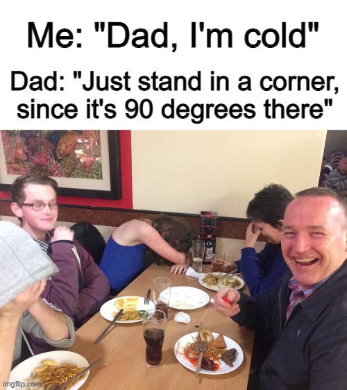 You got everyone laughing... smh :/ | Me: "Dad, I'm cold"; Dad: "Just stand in a corner, since it's 90 degrees there" | image tagged in dad joke meme | made w/ Imgflip meme maker