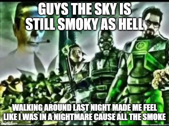 weed life 2 | GUYS THE SKY IS STILL SMOKY AS HELL; WALKING AROUND LAST NIGHT MADE ME FEEL LIKE I WAS IN A NIGHTMARE CAUSE ALL THE SMOKE | image tagged in weed life 2 | made w/ Imgflip meme maker