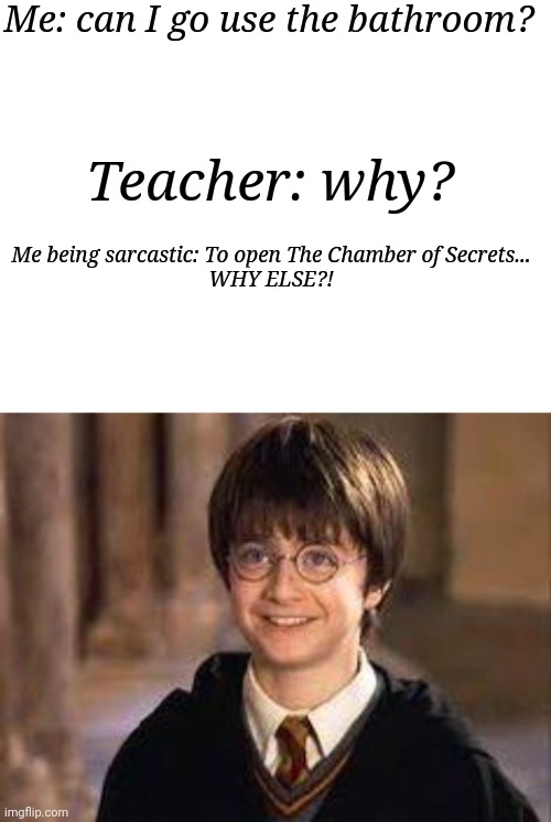 Me: can I go use the bathroom? Teacher: why? Me being sarcastic: To open The Chamber of Secrets...
WHY ELSE?! | image tagged in blank white template,harry potter | made w/ Imgflip meme maker