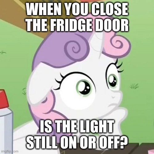 Hmmmm.... | WHEN YOU CLOSE THE FRIDGE DOOR; IS THE LIGHT STILL ON OR OFF? | image tagged in contemplating sweetie belle,fridge,wondering,fun,memes | made w/ Imgflip meme maker
