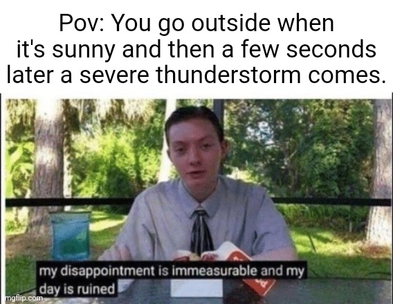*goes back inside* | Pov: You go outside when it's sunny and then a few seconds later a severe thunderstorm comes. | image tagged in my dissapointment is immeasurable and my day is ruined,outside,severe thunderstorm,memes,sunny,thunderstorm | made w/ Imgflip meme maker