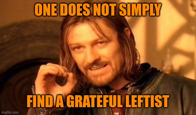 One Does Not Simply Meme | ONE DOES NOT SIMPLY FIND A GRATEFUL LEFTIST | image tagged in memes,one does not simply | made w/ Imgflip meme maker