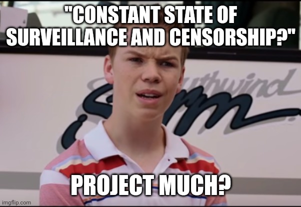 You Guys are Getting Paid | "CONSTANT STATE OF SURVEILLANCE AND CENSORSHIP?" PROJECT MUCH? | image tagged in you guys are getting paid | made w/ Imgflip meme maker