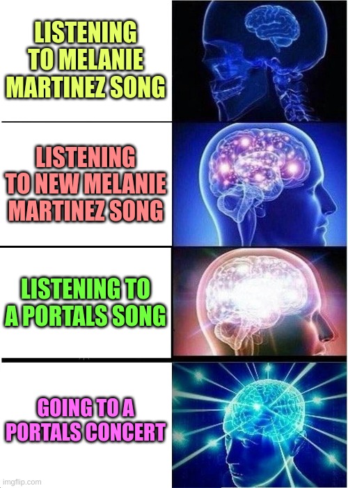 Only OG Crybabies can relate | LISTENING TO MELANIE MARTINEZ SONG; LISTENING TO NEW MELANIE MARTINEZ SONG; LISTENING TO A PORTALS SONG; GOING TO A PORTALS CONCERT | image tagged in memes,expanding brain,melanie martinez | made w/ Imgflip meme maker