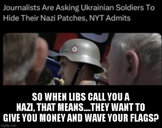 SO WHEN LIBS CALL YOU A NAZI, THAT MEANS....THEY WANT TO GIVE YOU MONEY AND WAVE YOUR FLAGS? | image tagged in liberals | made w/ Imgflip meme maker