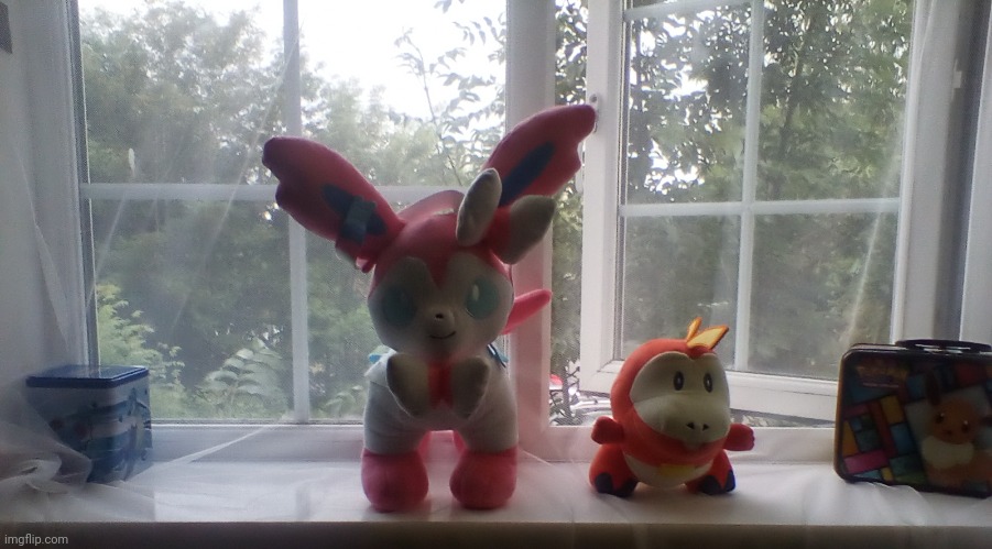 My new pokemon plushies I got for my birthday, fuecoco was for my my birthday yesterday, I got sylveon at build-a-bear today :P | image tagged in pokemon,plush,collection,photo,sorry for low quality,why are you reading this | made w/ Imgflip meme maker