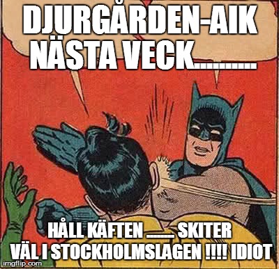 Batman Slapping Robin Meme | DJURGÃ…RDEN-AIK NÃ„STA VECK.......... HÃ…LL KÃ„FTEN ........ SKITER VÃ„L I STOCKHOLMSLAGEN !!!! IDIOT | image tagged in memes,batman slapping robin | made w/ Imgflip meme maker