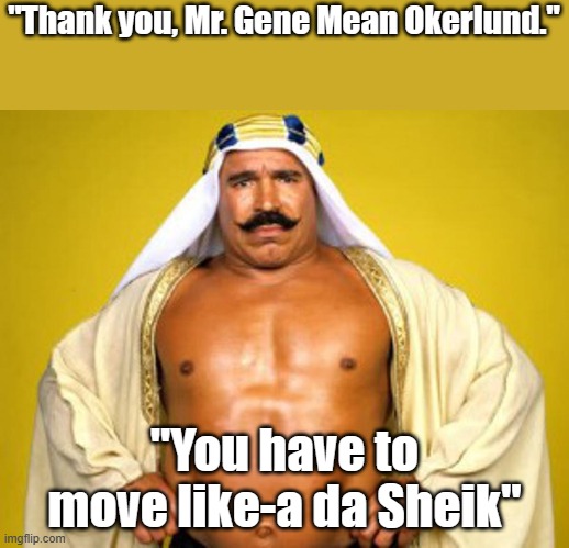 Tribute | "Thank you, Mr. Gene Mean Okerlund."; "You have to move like-a da Sheik" | image tagged in wwe | made w/ Imgflip meme maker