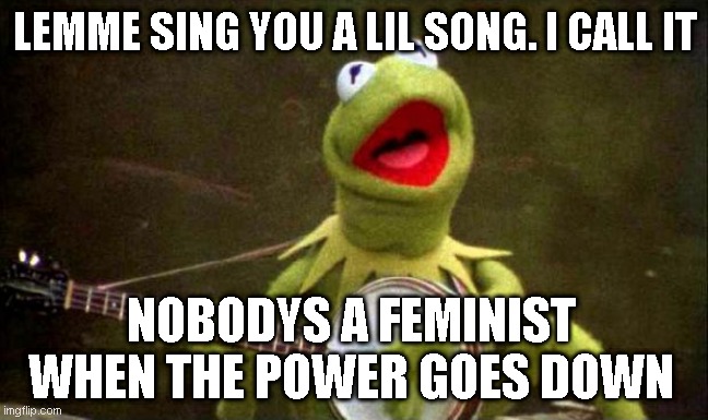 Why Kermit Banjo | LEMME SING YOU A LIL SONG. I CALL IT NOBODYS A FEMINIST WHEN THE POWER GOES DOWN | image tagged in why kermit banjo | made w/ Imgflip meme maker