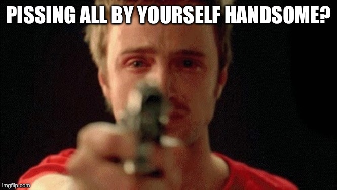 jesse pinkman pointing gun | PISSING ALL BY YOURSELF HANDSOME? | image tagged in jesse pinkman pointing gun | made w/ Imgflip meme maker
