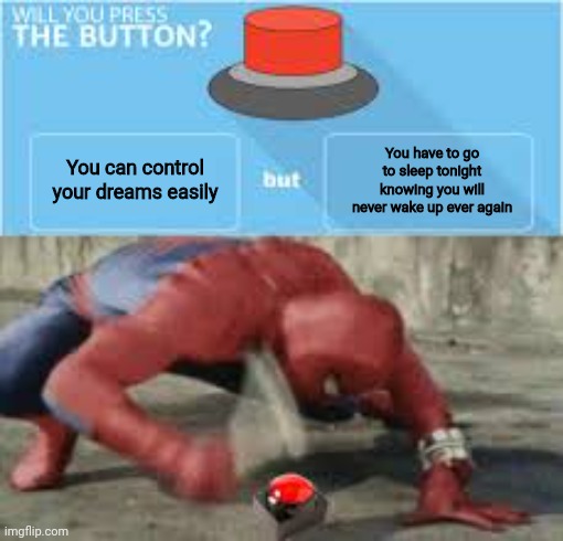 Dumb question really. | You have to go to sleep tonight knowing you will never wake up ever again; You can control your dreams easily | image tagged in will you press the button | made w/ Imgflip meme maker